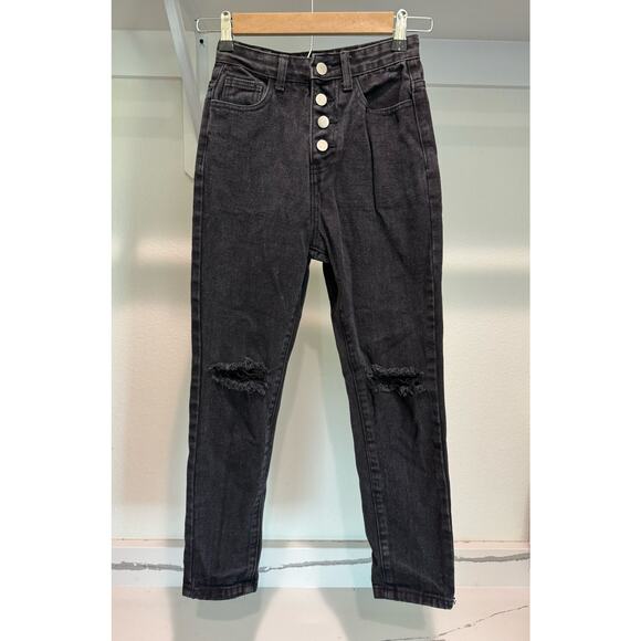 Princess‎ Polly Skinny Distressed Black Jeans Button-Fly Size 0 - Picture 1 of 9
